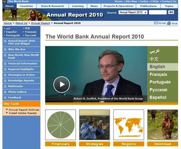 the Annual Report 20210 homepage in 7 languages